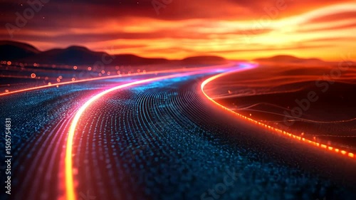 Glowing digital road winding through a fiery landscape at sunset