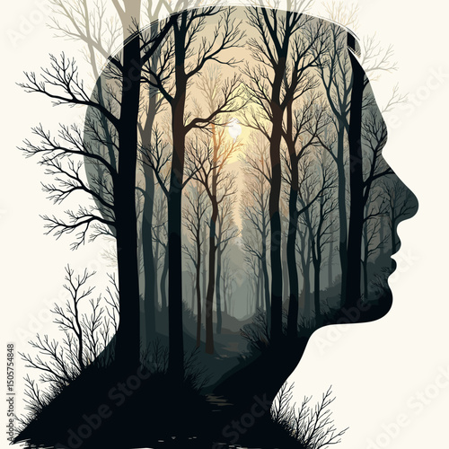 Double exposure silhouette of a person with forest landscape . T-shirt print