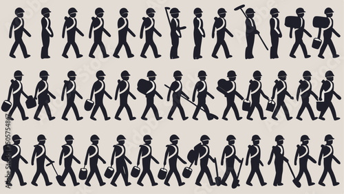 Silhouetted figures of workers in various poses carrying tools and equipment in a repetitive pattern design |eps vectors