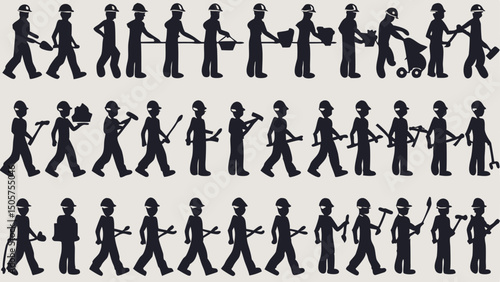 Silhouettes of construction workers in various poses and with different tools arranged in rows and columns |eps vectors