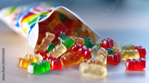 Colorful gummy bears spilled from packaging on vibrant background, glossy candy close-up