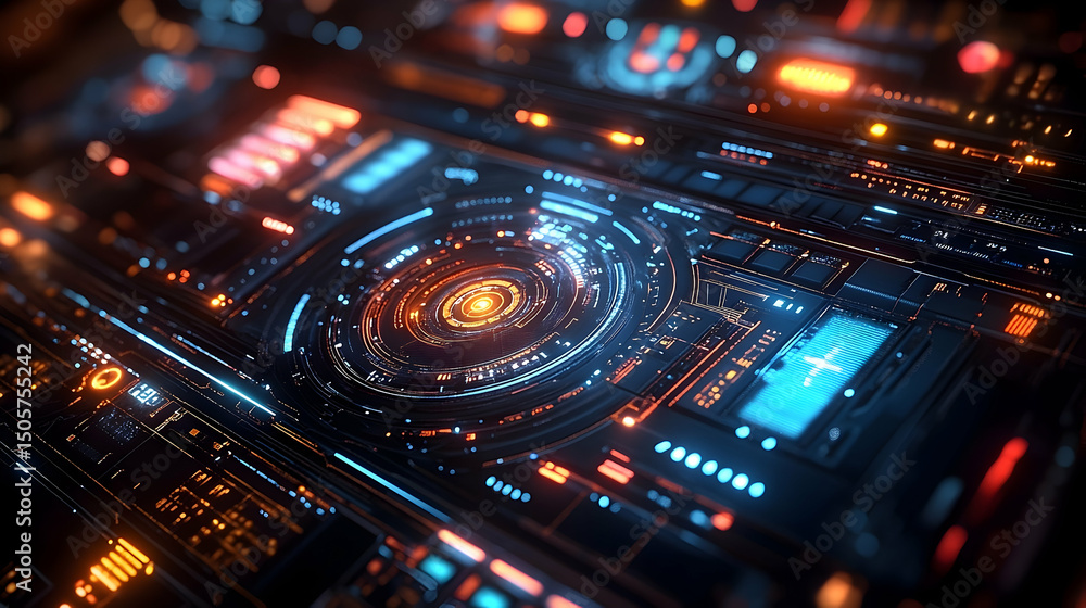 Close-up view of a futuristic technological interface. Close-up view of a futuristic technological interface.