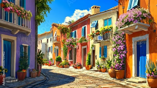 Charming mediterranean village street with colorful houses and lush floral decorations