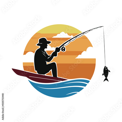 Fisherman silhouette sunset fishing boat catching fish