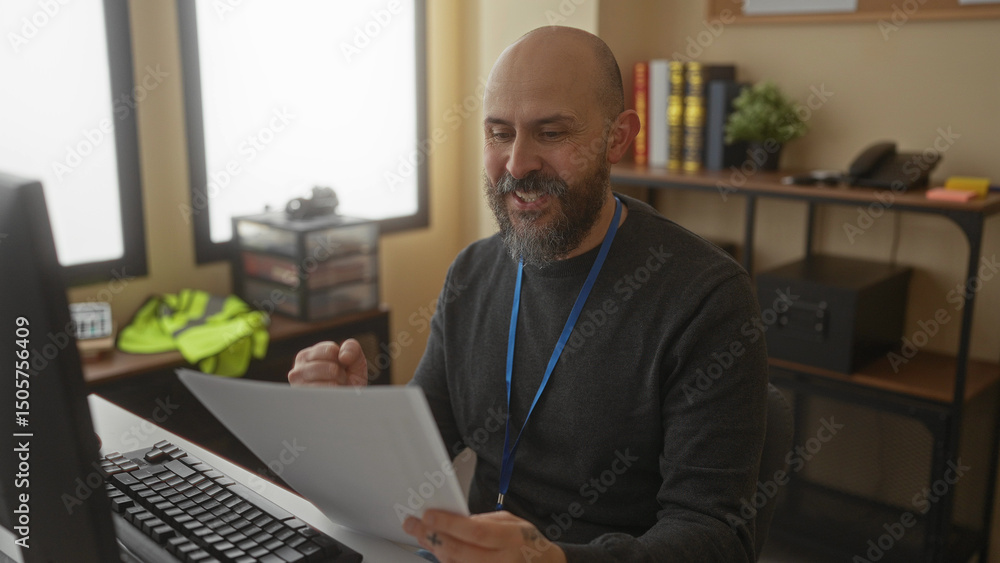 Fototapeta premium Man with beard reviewing documents at desk in modern office featuring computer monitor and shelves in background with books and decor creating a professional workspace atmosphere.