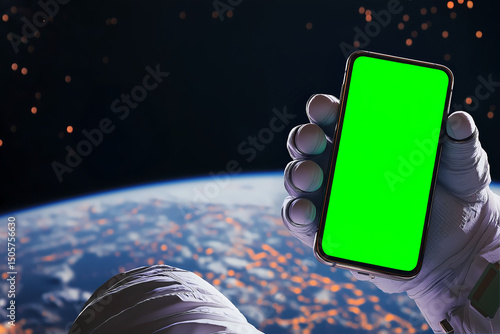 Innovative smartphone held by astronaut in outer space environment
