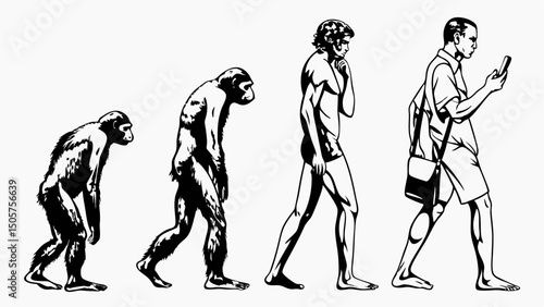 Evolutionary stages depicting progression from ape to modern man absorbed in smartphone technology trend |eps vectors