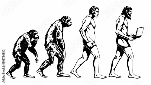 Evolution stages depicted in black and white showing ape to man with laptop in a progression sequence |eps vectors