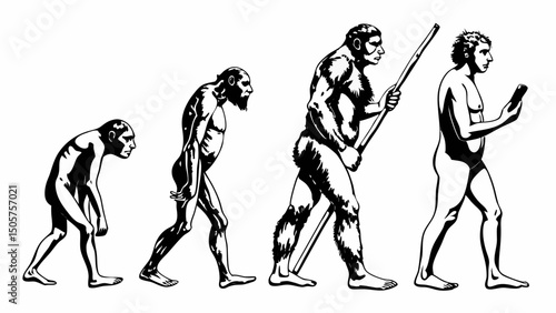 Evolution of man from ape to modern human using smartphone in black and white illustration style art |eps vectors