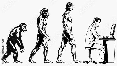 Evolutionary stages depicted from ape to modern human working at a computer in black and white style |eps vectors