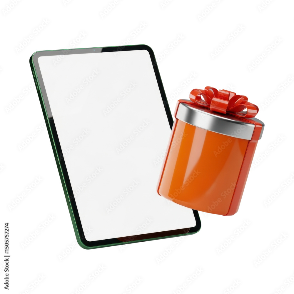 Obraz premium 3D tablet with blank screen and orange gift box for digital promotions