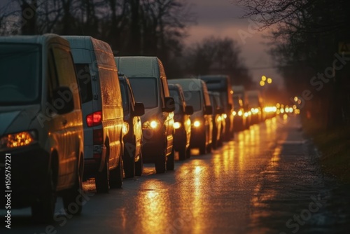 Vans lined bumper to bumper on busy urban road