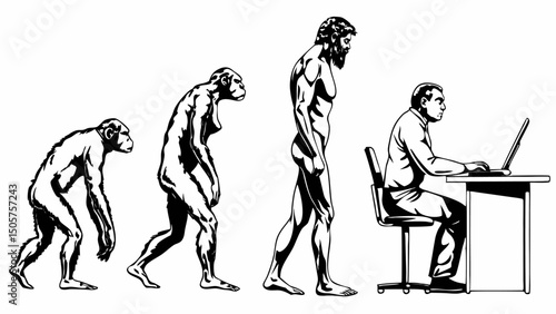 Evolution of man depicted from ape to modern human using a computer at a desk illustration style |eps vectors