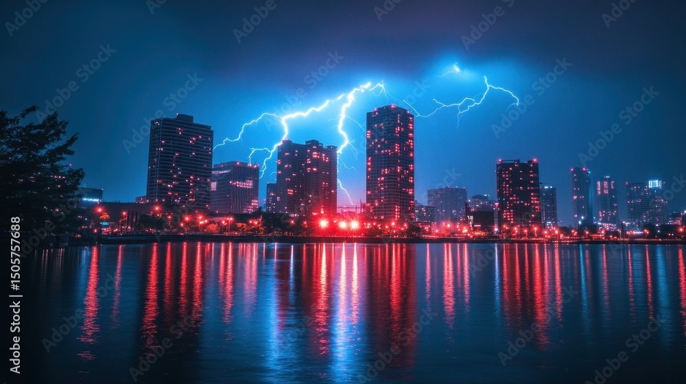 Fototapeta premium Cityscape lightning storm night reflection waterfront
