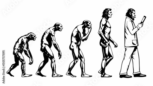 Illustration showing the evolution of man from ape to modern human using a mobile phone device now |eps vectors