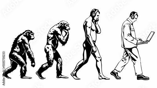 Evolution of man depicted in black and white showing progression from ape to modern man with laptop use |eps vectors