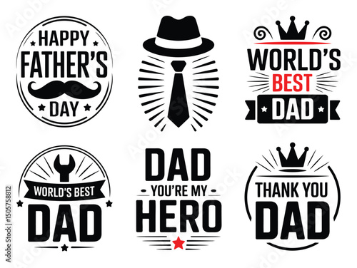 Happy Father's Day sticker. Male badges with hat, mustache and tie, World's Best Dad, My Hero, Thank you Dad, Happy Father's Day.