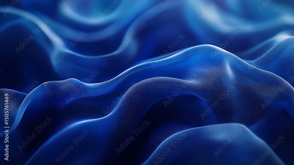 Smooth flowing silk fabric in deep royal blue, soft waves and folds catching subtle highlights, elegant luxurious atmosphere, delicate natural drape. Created Using: Studio fabric photography setup, Smooth flowing silk fabric in deep royal blue, soft waves and folds catching subtle highlights, elegant luxurious atmosphere, delicate natural drape. Created Using: Studio fabric photography setup,
