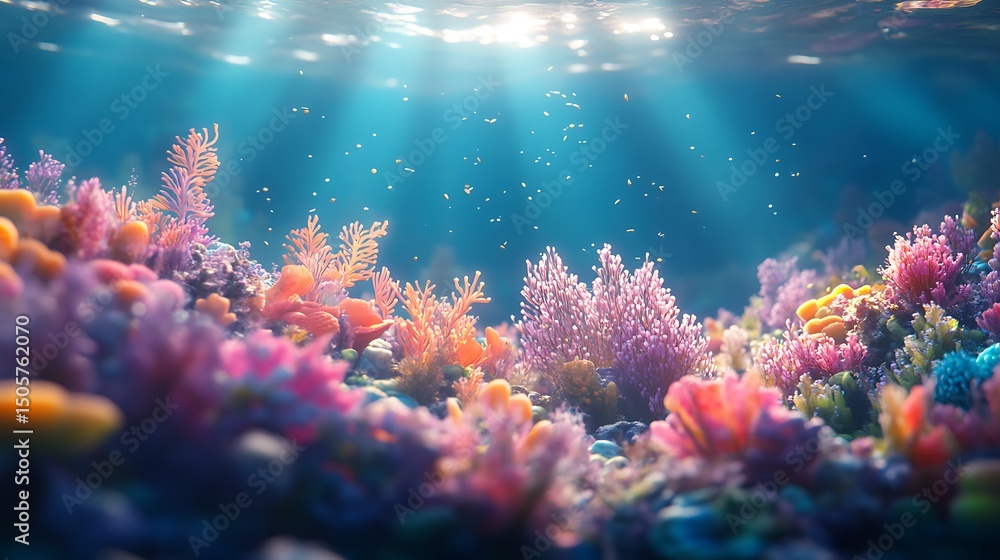 Fototapeta premium Soft-focused underwater environment, deep turquoise tones with sun rays shimmering down, a few colorful coral formations gently waving in the currents. Created Using: Professional underwater rig,