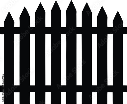 Black and white silhouette of a classic picket fence ideal for design projects related to gardens landscapes and home improvements