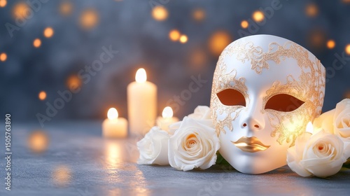 Venetian Mask with White Roses and Candles - Elegant white Venetian mask rests among white roses and softly glowing candles, creating a romantic and mysterious ambiance