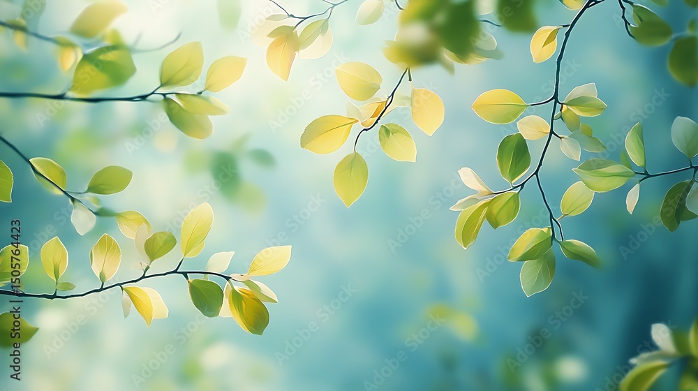 Obraz premium A dreamy upward view of colorful spring forest canopy, tender young leaves in shades of lime, yellow, and soft green, soft clear blue sky in background. Created Using: Mirrorless high-res camera,
