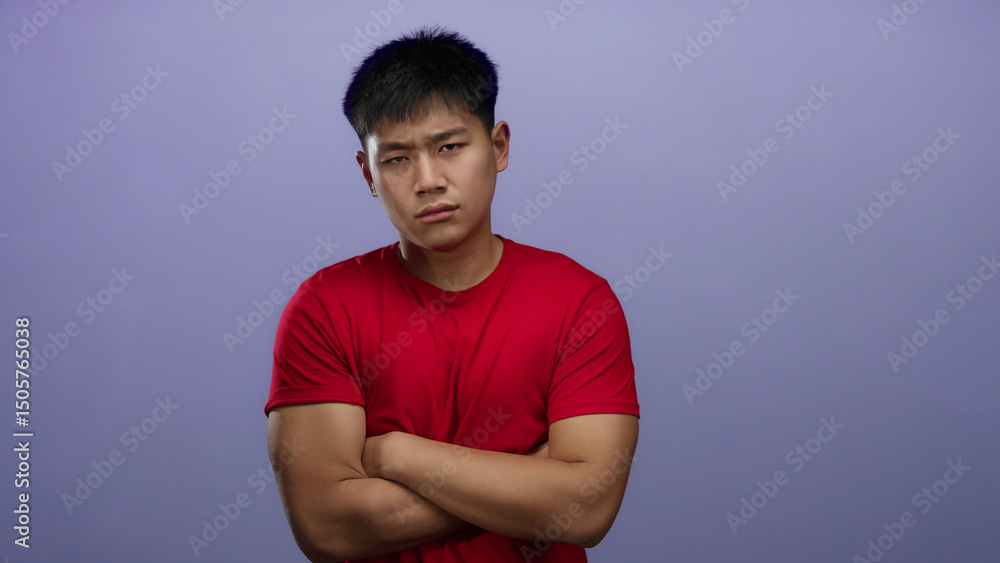 Chinese man standing confidently with crossed arms against an isolated purple background showing determination in a casual red shirt. Chinese man standing confidently with crossed arms against an isolated purple background showing determination in a casual red shirt.
