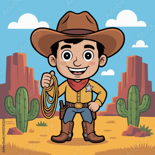 Cute Cartoon Cowboy Character Illustration – Kid-Friendly Western Mascot with Hat, Lasso, Boots and Big Smile in Flat Vector Style