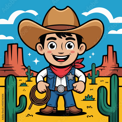 Cute Cartoon Cowboy Character Illustration – Kid-Friendly Western Mascot with Hat, Lasso, Boots and Big Smile in Flat Vector Style
