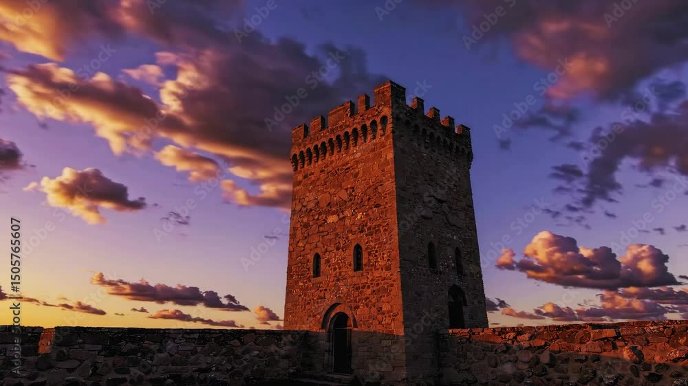 Majestic castle tower at sunset with dramatic cloud movement Majestic castle tower at sunset with dramatic cloud movement
