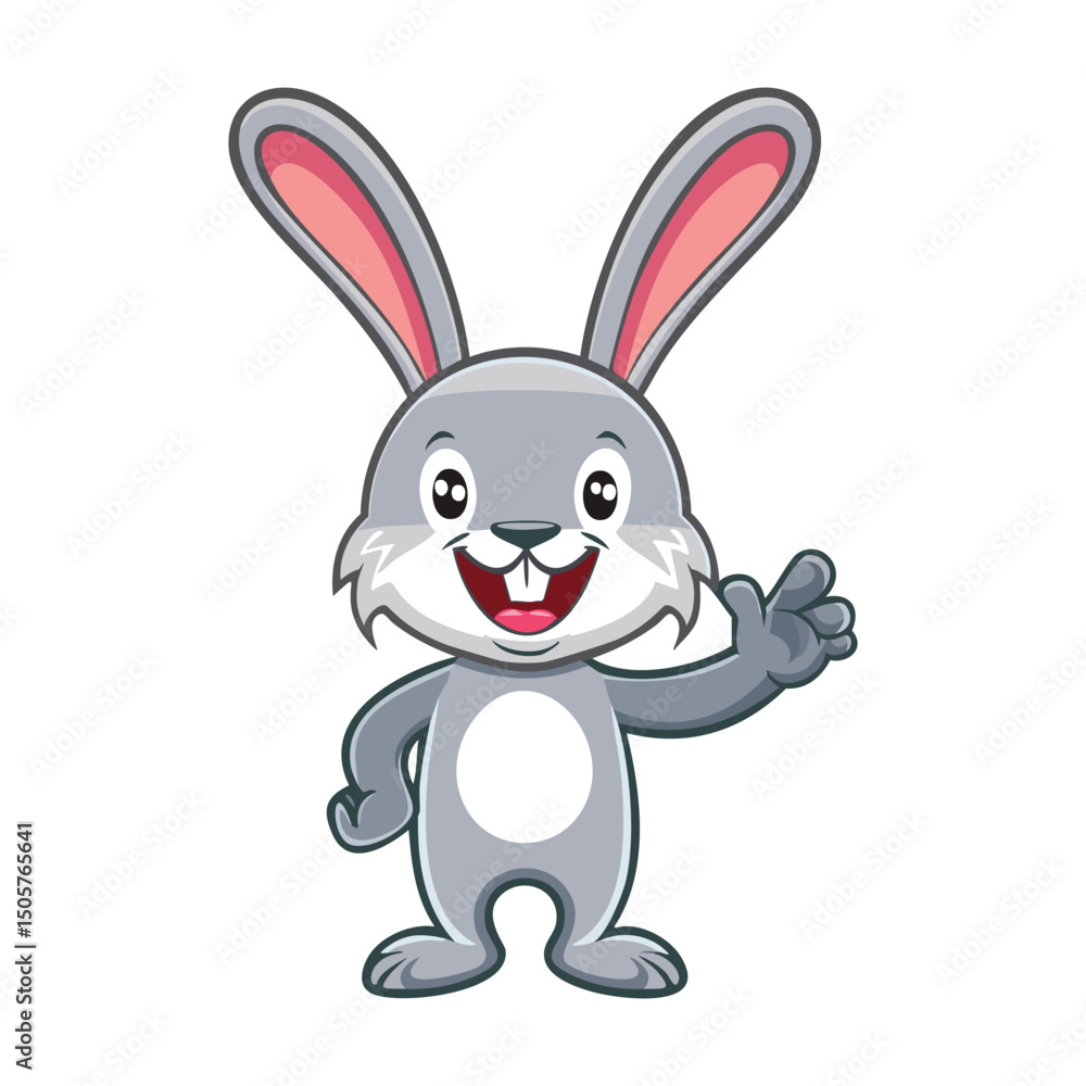 Obraz premium Happy grey bunny rabbit cartoon character waving