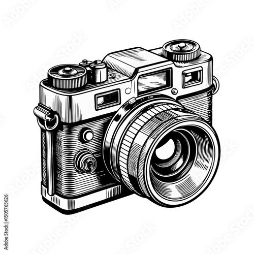 Detailed Black and White Illustration of a Classic Vintage Camera