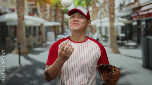 Photography Young man in baseball uniform holding glove and ball stands confidently on a bustling city street, embodying the vibrancy and dynamic spirit of urban life outdoors
