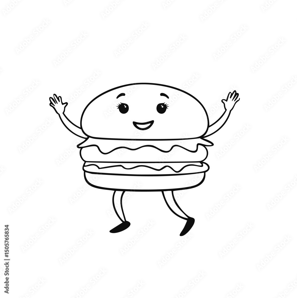 Happy hamburger cartoon character line art illustration Happy hamburger cartoon character line art illustration
