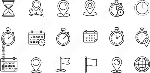 Time, date and location icon set in line style, Containing hourglass, pin, stopwatch, calendar, clock, gps point, flag point, globe point and more, vector illustration
