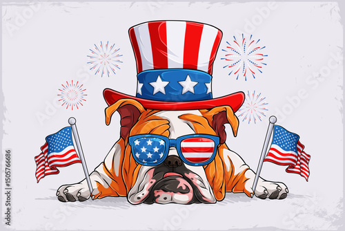 Sleeping English dog breed bulldog in 4th of July disguise, wearing sunglasses, uncle Sam hat, holding American flags, honoring veterans day