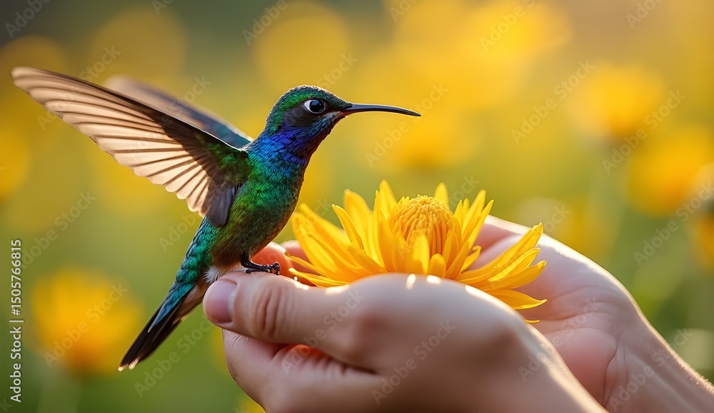 Fototapeta premium A vibrant hummingbird delicately balances on human hands, with a sunny yellow flower blossom.