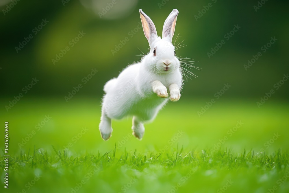 Obraz premium White Rabbit Jumping in Air on Green Background