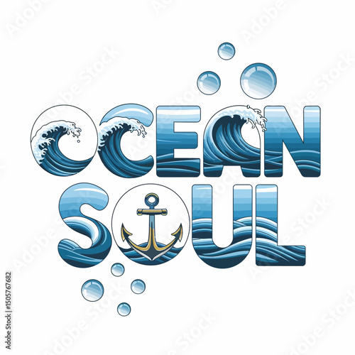 Ocean Soul Design Blue Waves Typography Anchor Nautical Summer Beach Coastal Illustration Graphic Artistic Print Water Sea Marine Vintage Retro Style Waves Pattern Background      