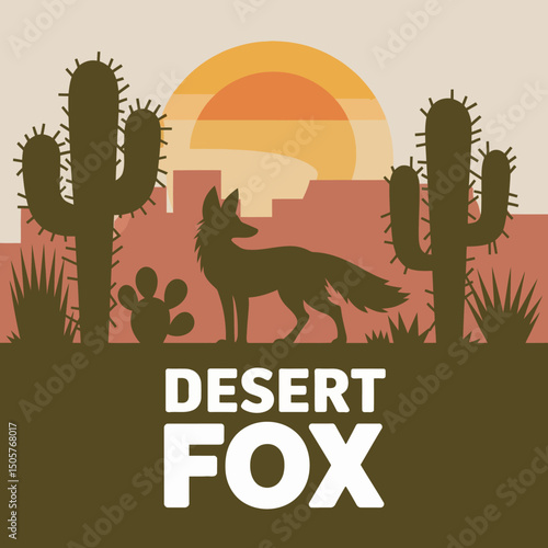 Desert Fox Silhouette Sunset Landscape Graphic Design Art Print Modern Minimalist Southwestern Cactus Wildlife Animal Illustration Nature Poster card image style fauna scene image 
