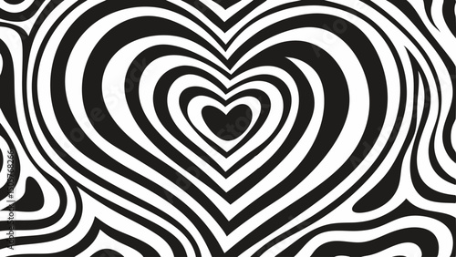 Black and white optical illusion of nested hearts with wavy lines creating a hypnotic and love filled design |eps vectors