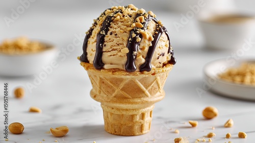 Peanut ice cream cone with crushed peanuts and chocolate drizzle on white background