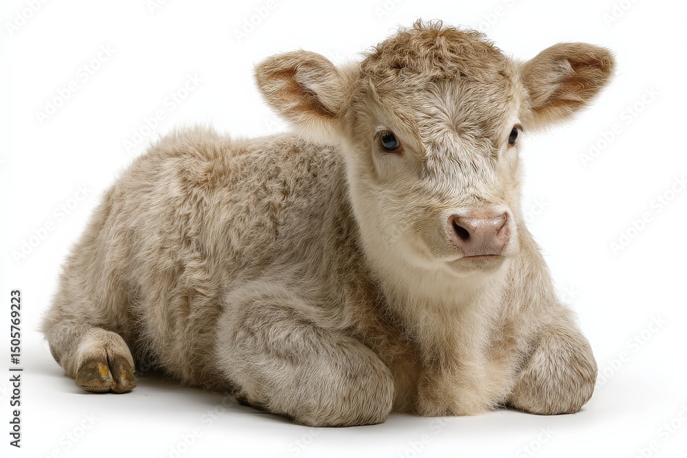 Obraz premium Adorable light brown calf lying down against a white background.