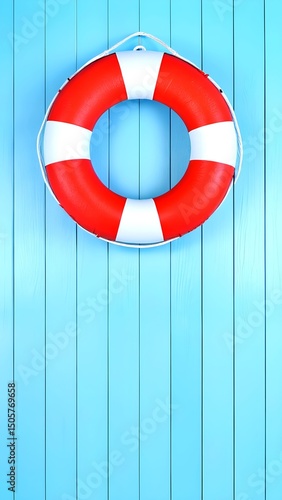 A red and white life preserver hanging on a blue wall.