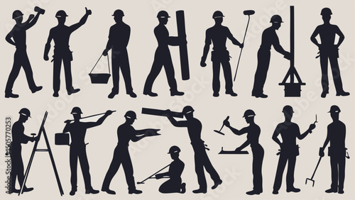 Silhouette depictions of construction workers in various poses and activities on a neutral background |eps vectors