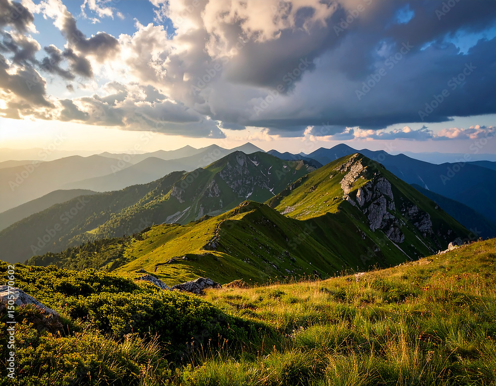 Fototapeta premium Wide View Mountain Peaks Stormy Clouds Majestic
