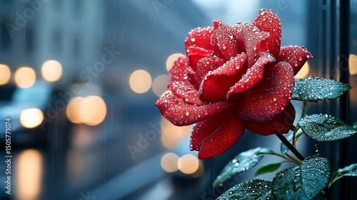 Rain-soaked red rose blooms beside a city street, glistening with water droplets