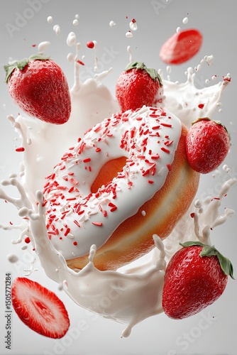 Floating glazed donut with strawberries and milk splash on white background, high-speed dessert concept