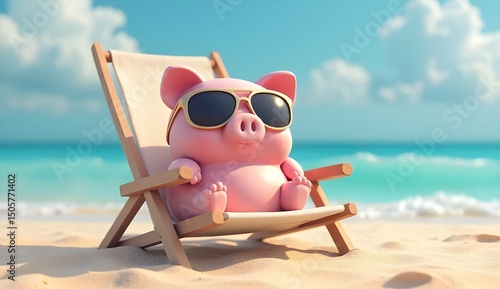 A whimsical pink pig enjoys a relaxing beach day, donning sunglasses in a deckchair by the sea.