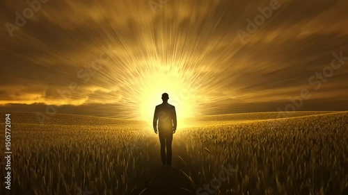 Silhouette of a man walking towards bright light in a golden field